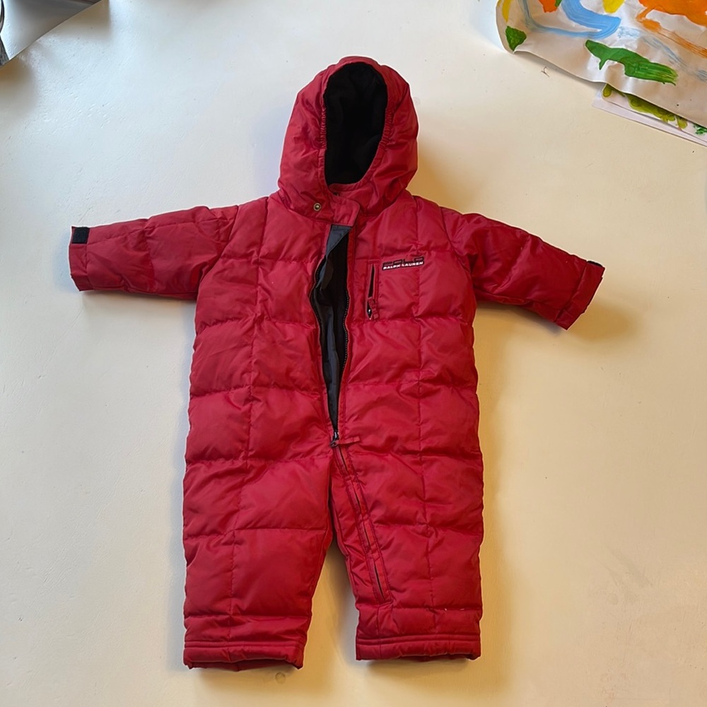 Polo Ralph Lauren red down filled toddler hooded onesie.